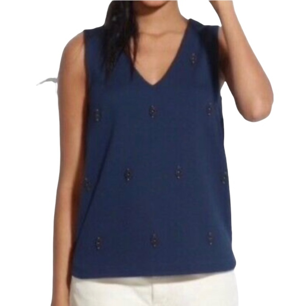 Madewell Navy Blue Bead Embellished V-Neck tank Top Women's Size Medium